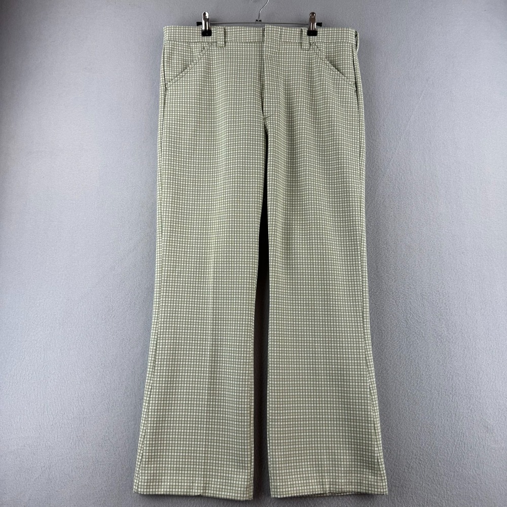Vintage 70s Pants Mens 35x29 Relaxed Bootcut Polyester Green Houndstooth Disco